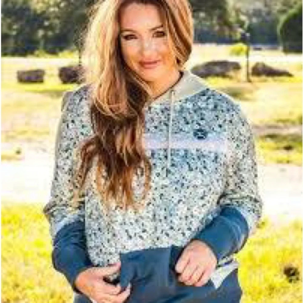 Hooey Women’s Ditzy Floral Hoodie Blue Cream Pullover Kangaroo Pocket M - Picture 3 of 10